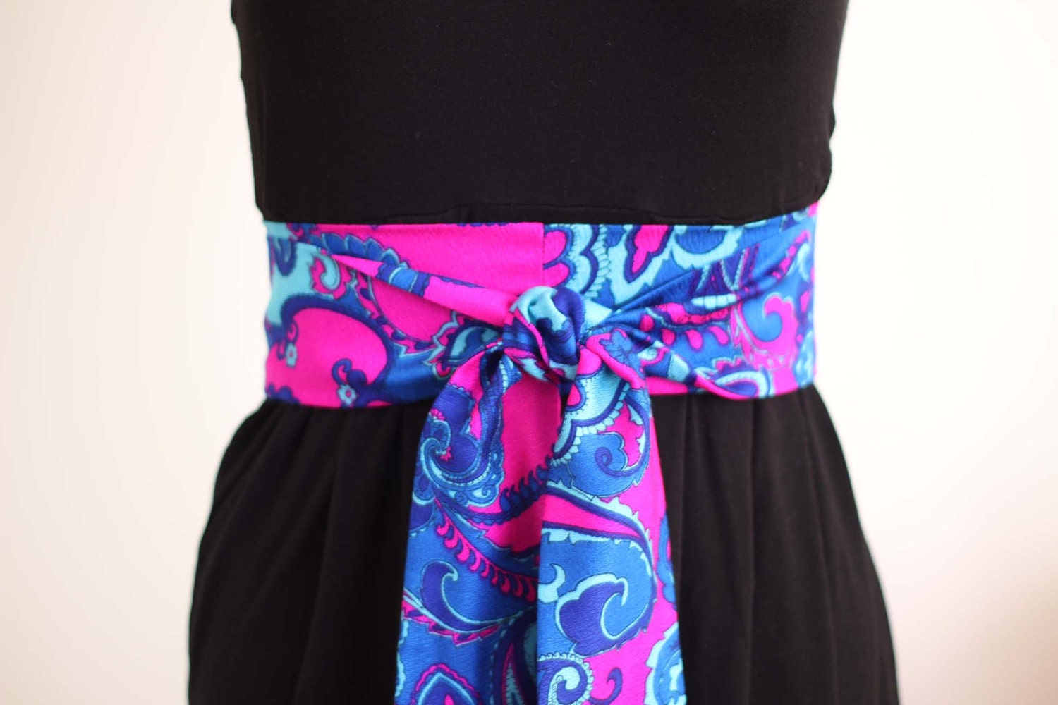 Obi Belt in Hot Pink, Cobalt Blue, and Aqua Retro Paisley Flower Print Vintage Fabric - limited - made to order