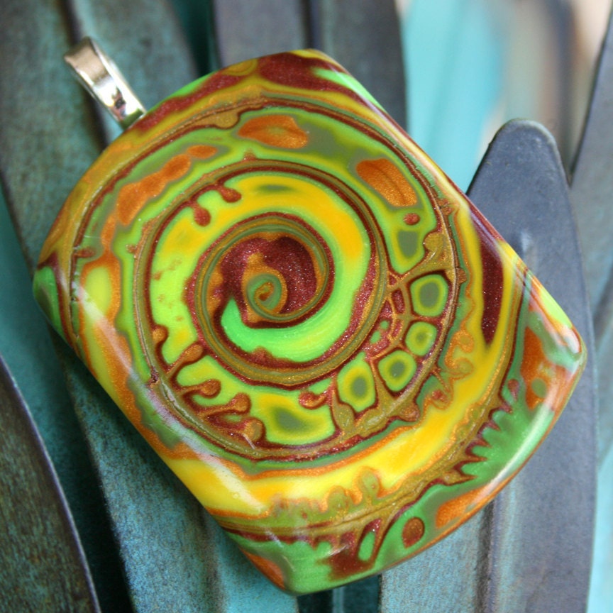 Copper Lime Swirl Polymer Clay Pendant