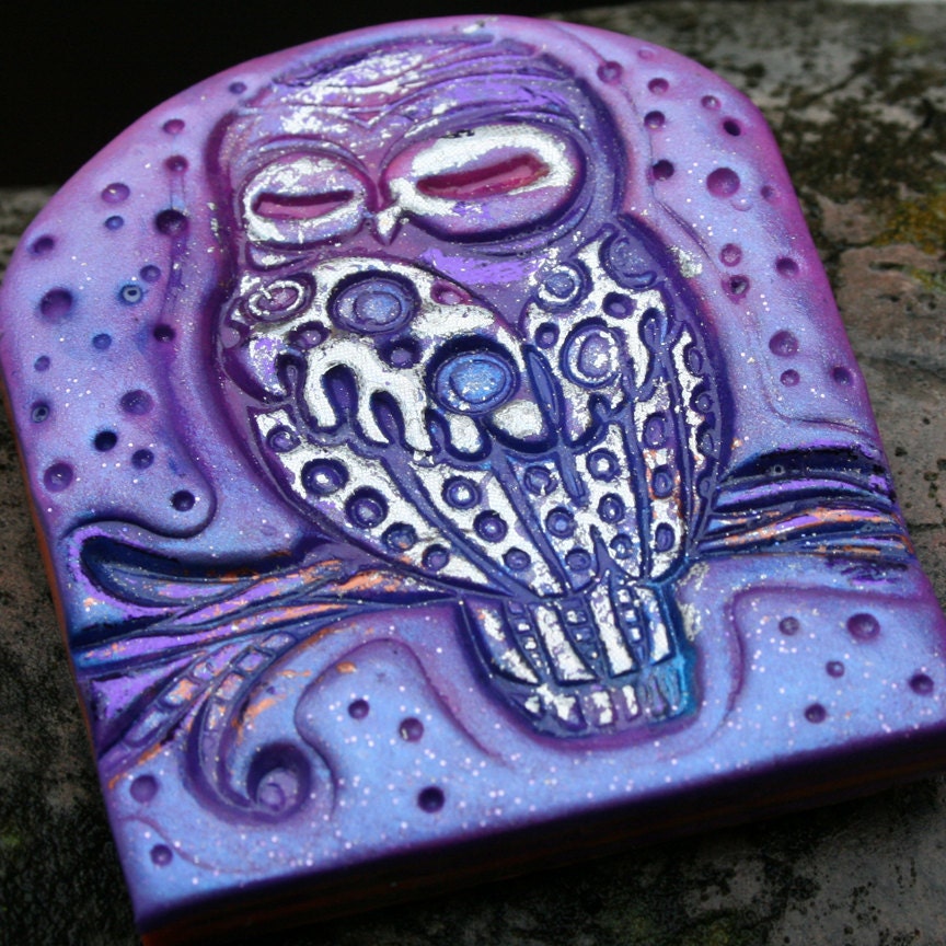 Midnight Owl Magnet on Purple Polymer Clay Fridge Art