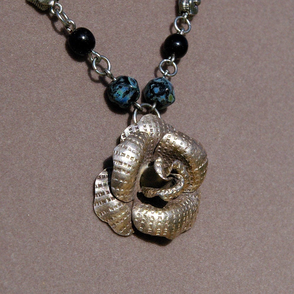 Thai silver rose necklace with black and blue Czech glass beads