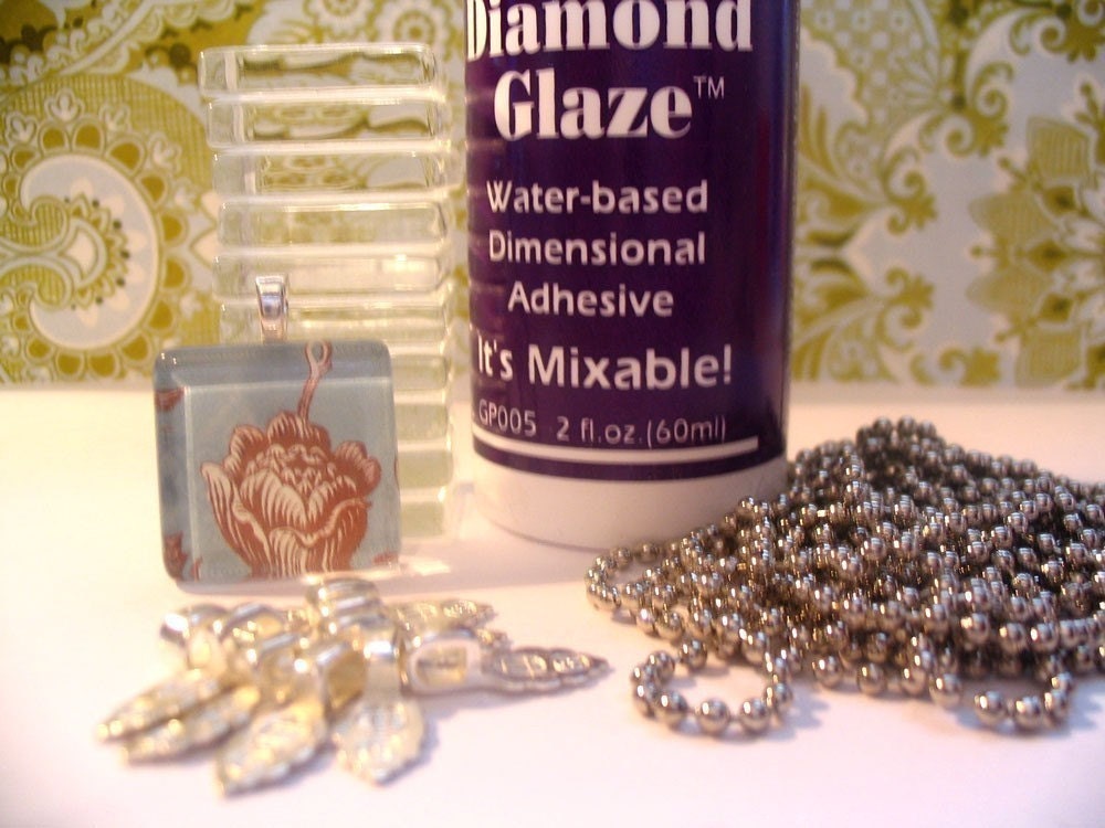 BUNDLE PACK...10...Ultra White Glass Tiles...10 Bails....10 Ball Chains...2 oz Diamond glaze
