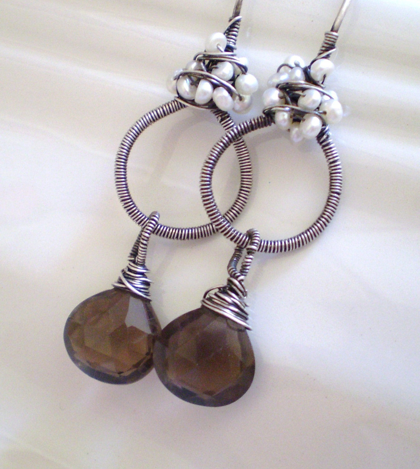 Circle Drop Earrings (wire wrapped brown and white)
