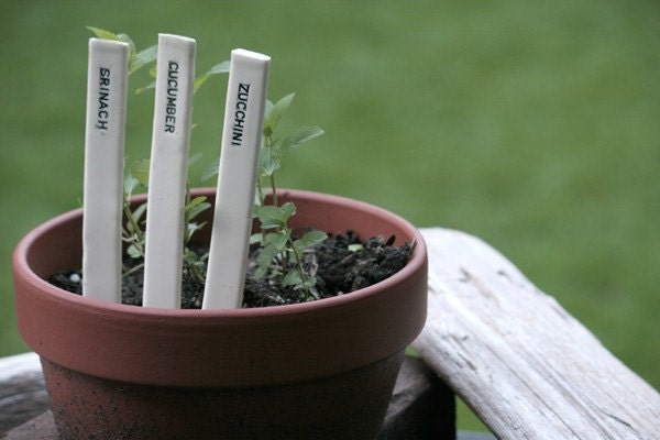 White Garden Markers with Dark Green Stamp