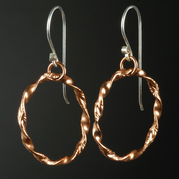 Hand Forged Fancy Twist Copper Small Hoop Earrings