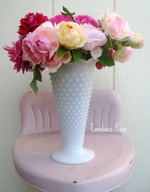 Multicolored  - Red, Pink, Yellow, Light Pink Cabbage Rose Bouquet in a Vintage White Milk Glass Vase - Fine Art 8 x 10 Photography Print