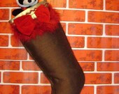 Brown Antique Satin Christmas Stocking with Gold Leather, Red Velvet, and Furry Trim.  CLEARANCE. Ready to Ship.