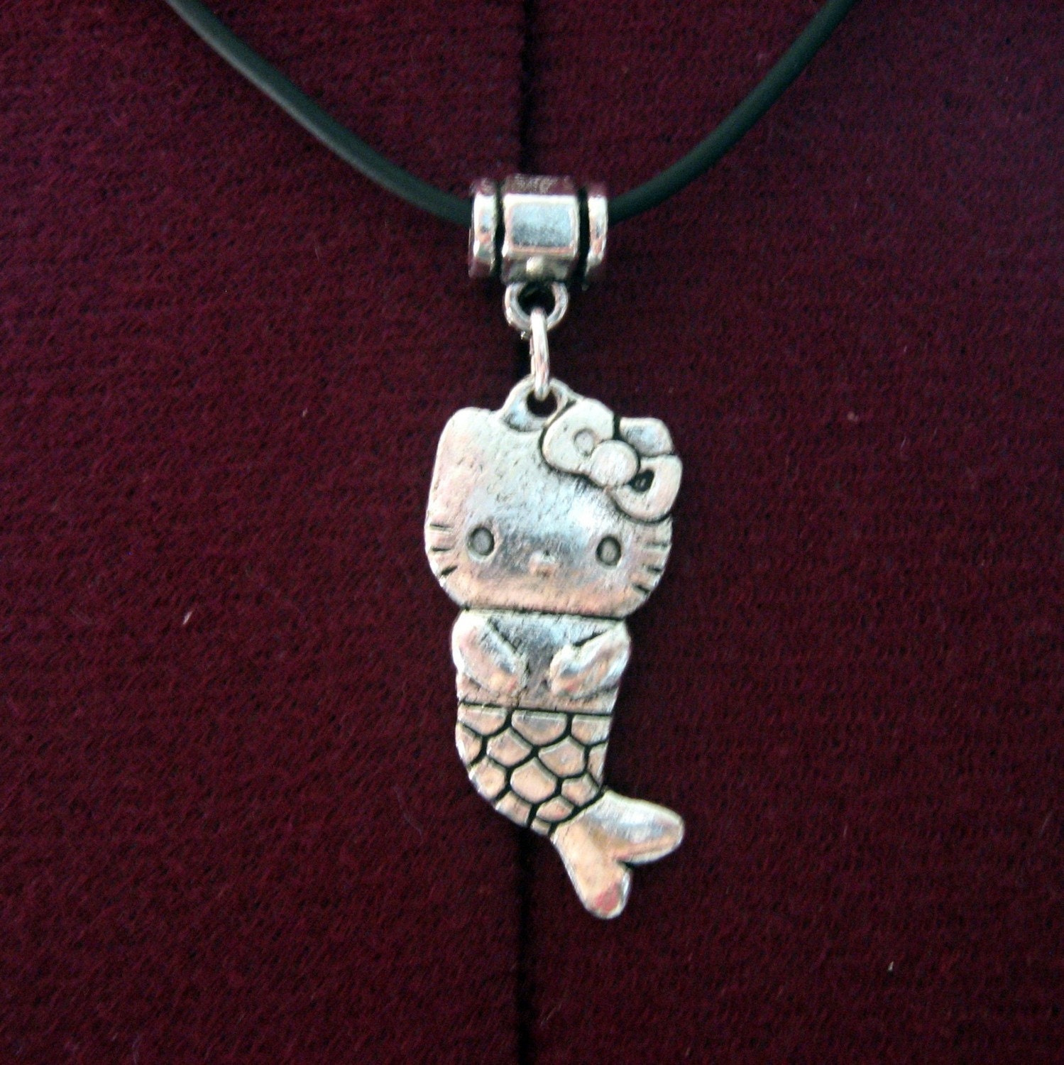 Hello Kitty Mermaid Necklace, tibetan silver cat front and back pendant, leadfree, comes with black cord and gift bag