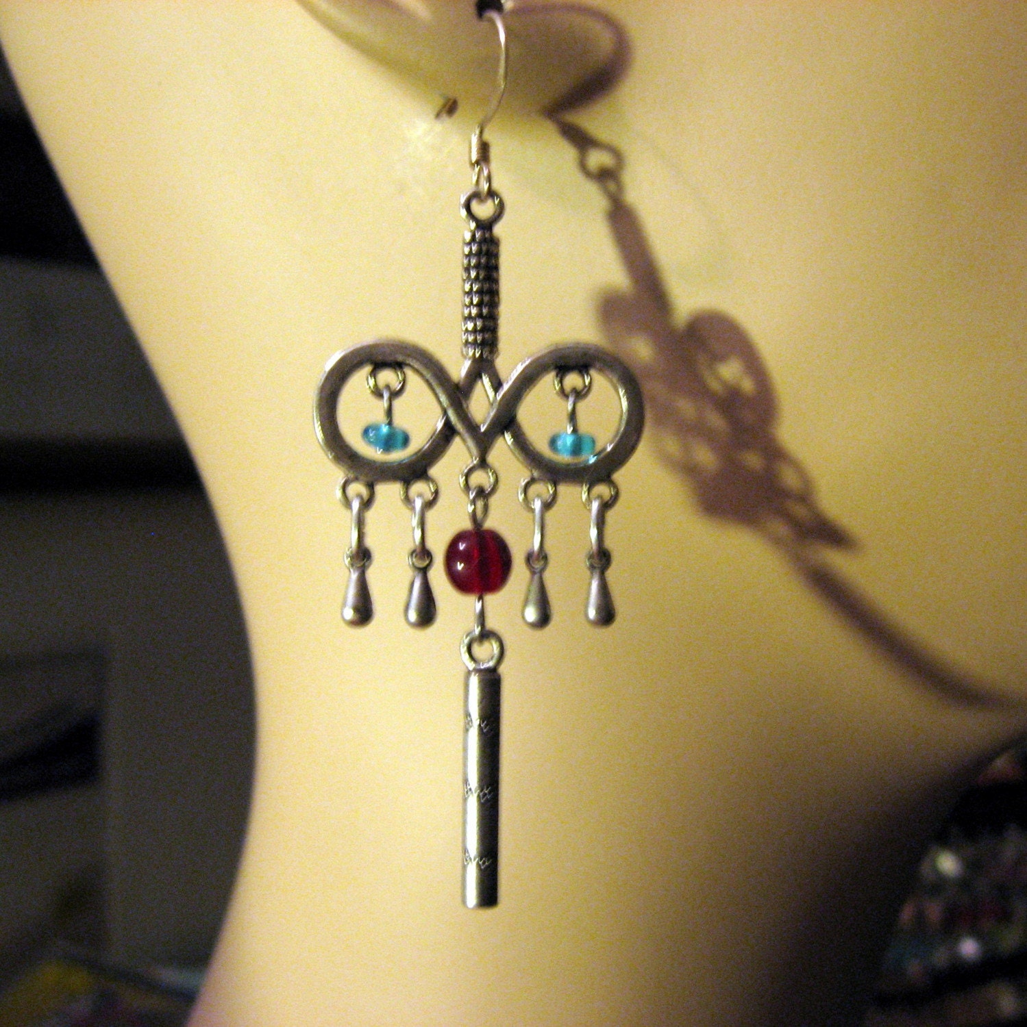 AVANT GARDE Earrings with Turquoise and Red Glass and Tibetan Silver