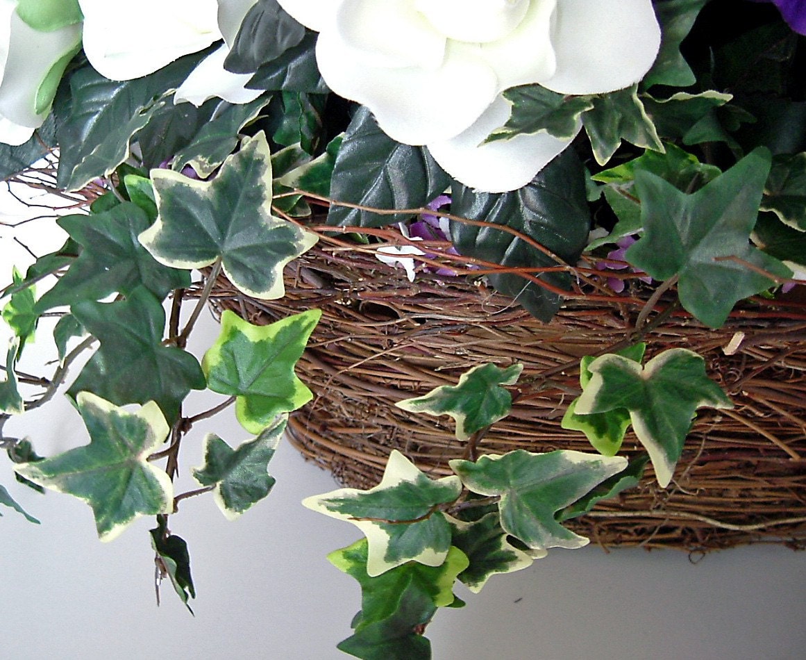 Country Basket Brimming with Purple Hydrangeas and Snow White Gardenias