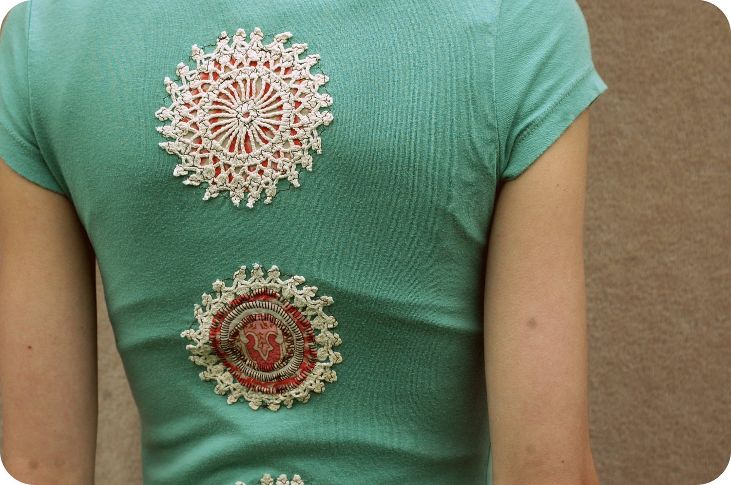 Upcycled hippie shirt - spring top women clothing gypsy bohemian embroidery doilie boho nomad tee- small