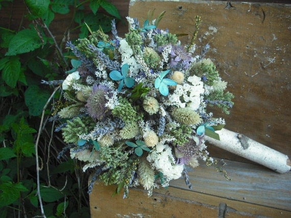 Dried flower Bride's  bouquet with Birch holder ,custom made in your colors. For your woodland natural wedding.