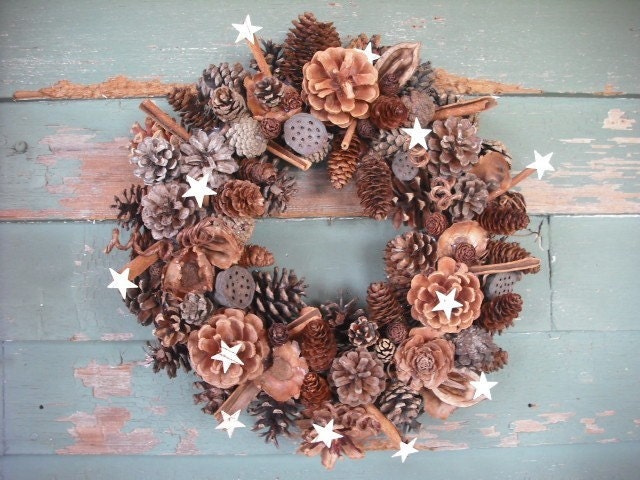 Pine Cone and Cinnamon Wreath with birch bark stars and spices