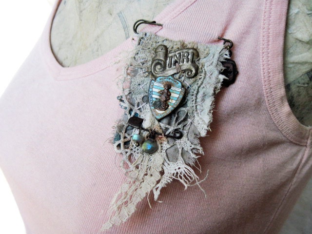 Free Will. Textile and Antique Trinkets Rustic Victorian Gypsy Assemblage Brooch. Lace fabric and Labradorite Gemstones.