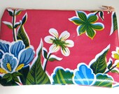 Zipper Pouch - Oilcloth Pink Hawaiian Flowers w/ Embroidery Details
