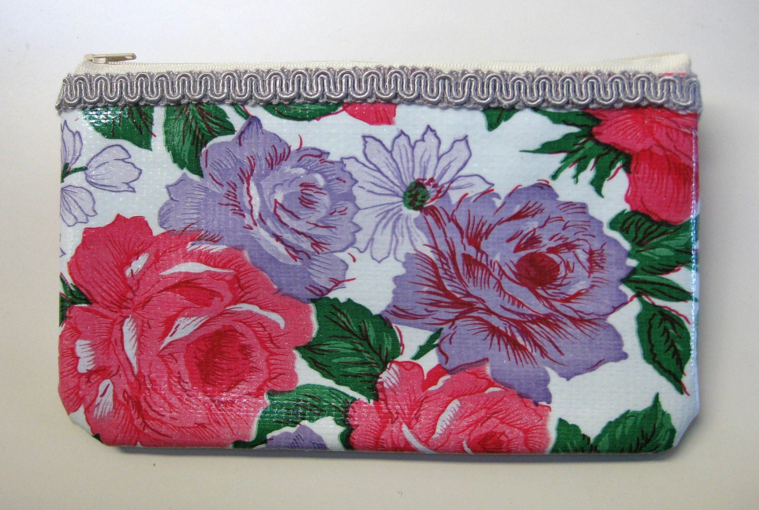 Zipper Pouch - Oilcloth - Purple Vintage Flower Pattern
