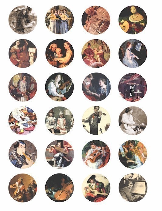 musical instruments musicians music art  COLLAGE SHEET 1.5 inch circles guitar violin piano players