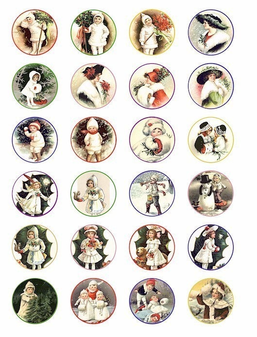 Vintage Christmas victorian winter snow children boys girls clip art collage 1.5 inch framed circles