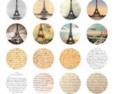 vintage 1800s eiffel tower postcards french hand written letters clip art  digital download collage sheet 1.5 inch circles