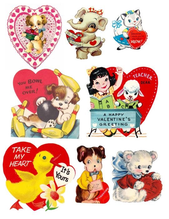 vintage animal Valentines Day card clip art collage sheet puppies elephant