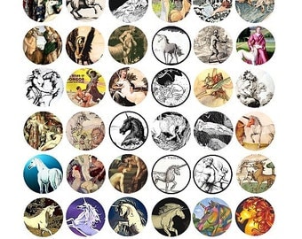 magical fantasy mythical beasts unicorn satyr centaurs digital collage sheet 1 inch circles
