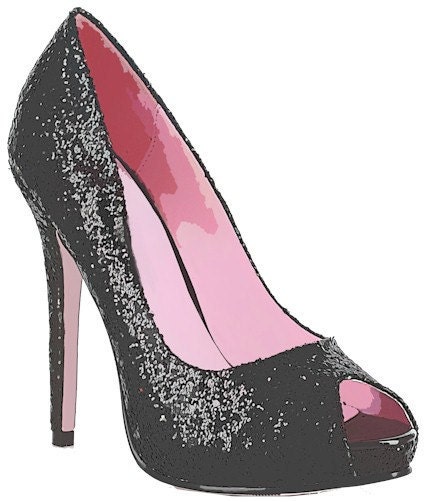 Glittery sparkly black high heel womans shoe clip art digital graphics