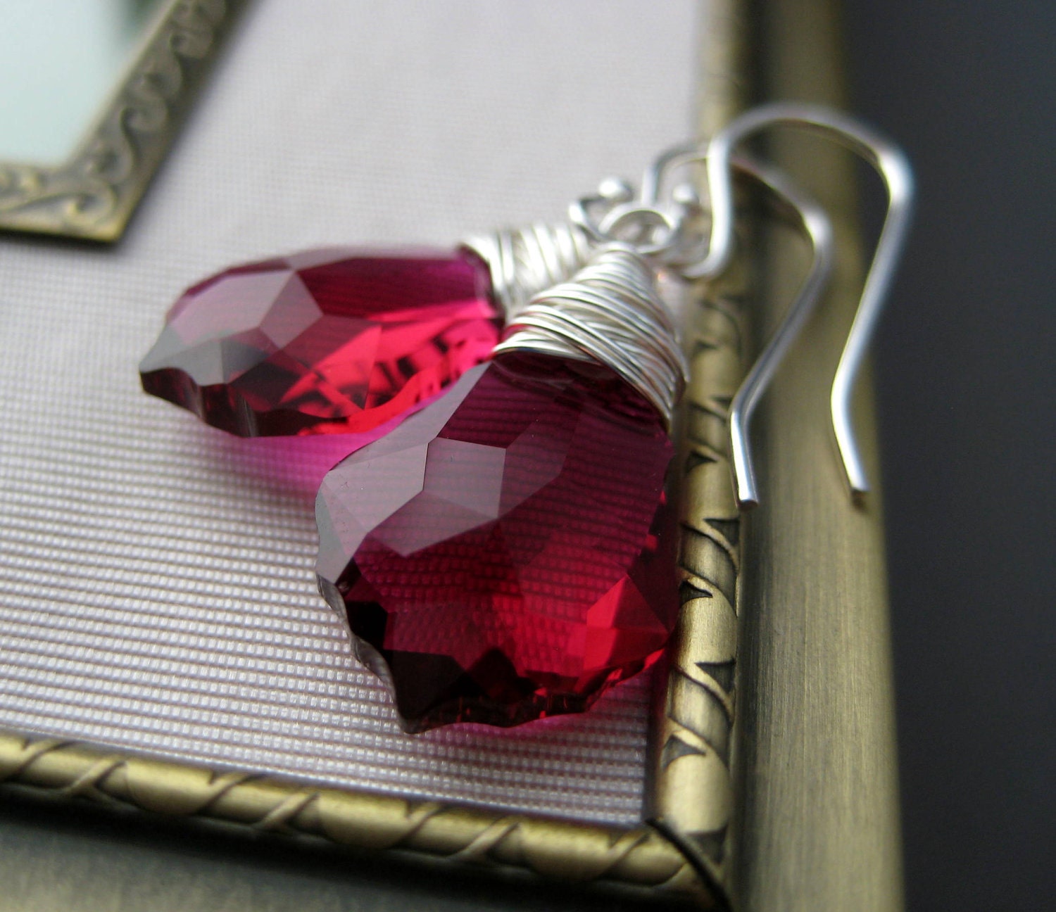 Ruby Red Swarovski Crystal Earrings, Wire Wrapped Baroque Pendant Sterling Silver - Pomegranate.