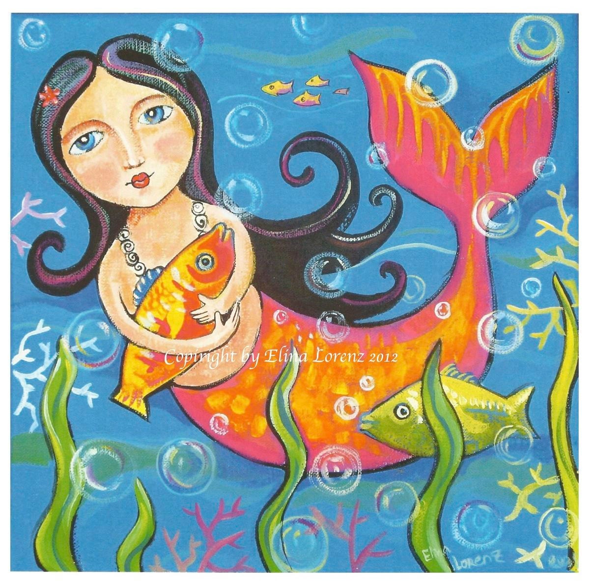 Child Room Decor Mermaid Art Print from Original Acrylic Painting Wall Art-Sea Life Fairy Tale - Folk Art