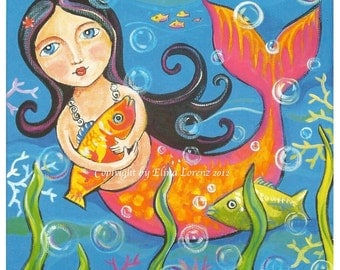 Child Room Decor Mermaid Art Print from Original Acrylic Painting Wall Art-Sea Life Fairy Tale - Folk Art