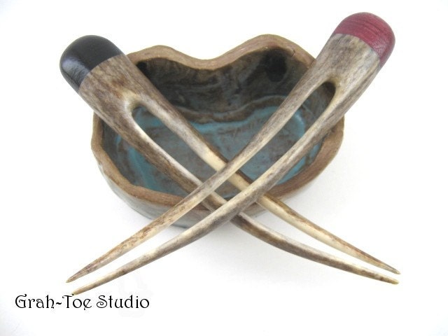 Hair Sticks Pair Shed Antler Ebony and Purple Heart Wood Topper Hairsticks Hairforks Grahtoestudio Handmade