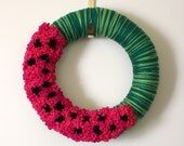 Watermelon Wreath, Summer Wreath, Pink and Green Yarn Felt Wreath, 14 inch size - READY TO SHIP