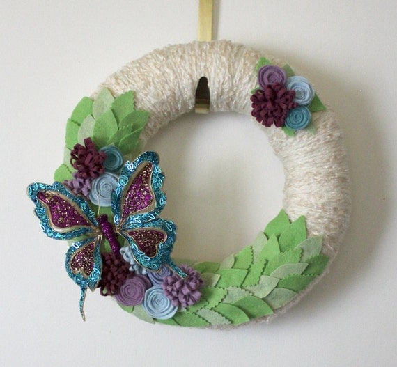Butterfly Wreath, Blue and Purple Wreath, Yarn and Felt Wreath, 12 inch size