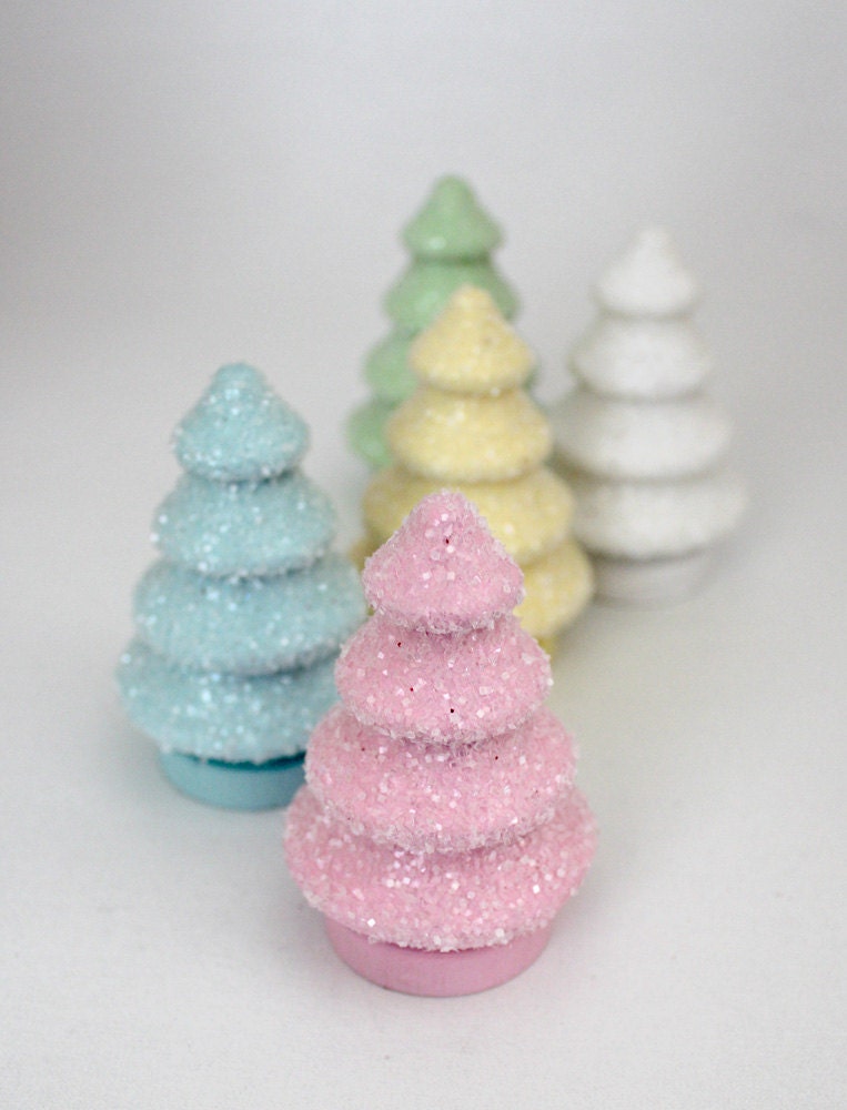 RESERVED FOR CAROLINA - Pastel Christmas Trees, Painted and Glittered, Set of 5