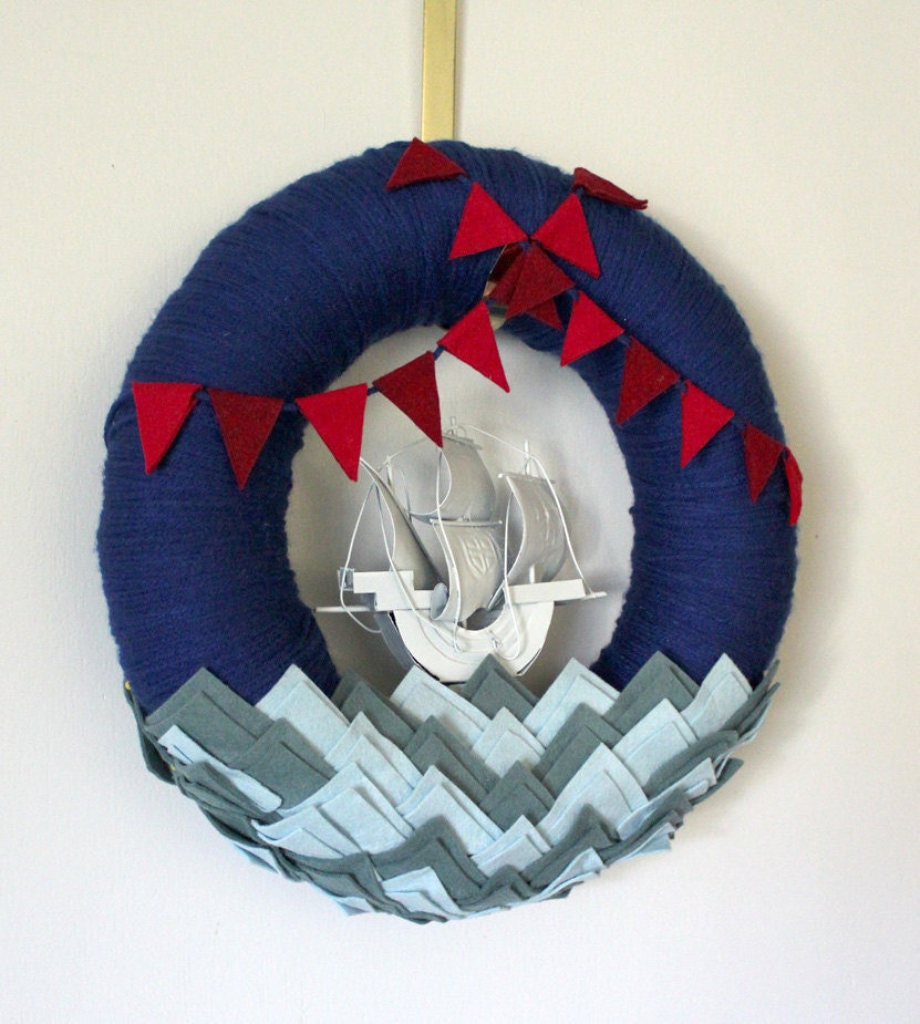 Nautical Wreath, Ship Wreath, Yarn and Felt Wreath, Wreath for Boys, 12 inch size