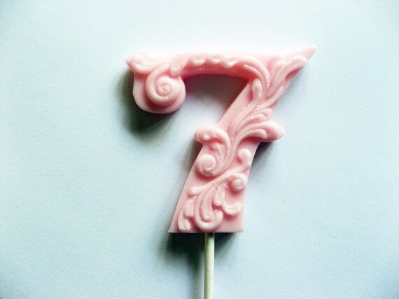 3" fancy filigree number 7 hard candy lollipops As seen in Dylan Lauren's bridal shower featured in Martha Stewart weddings May 2011