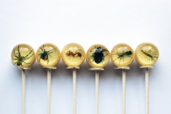 Insects spiders flies centipedes Halloween edible images ball style hard candy lollipop - 6 pc. - MADE TO ORDER