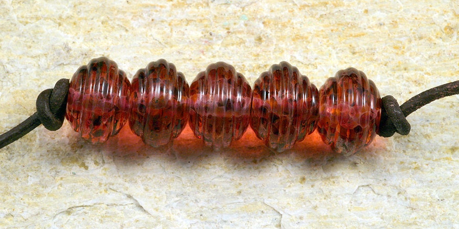 Rosey Ribbed Handmade Glass Lampwork Beads (5 Count) by Pink Beach Studios