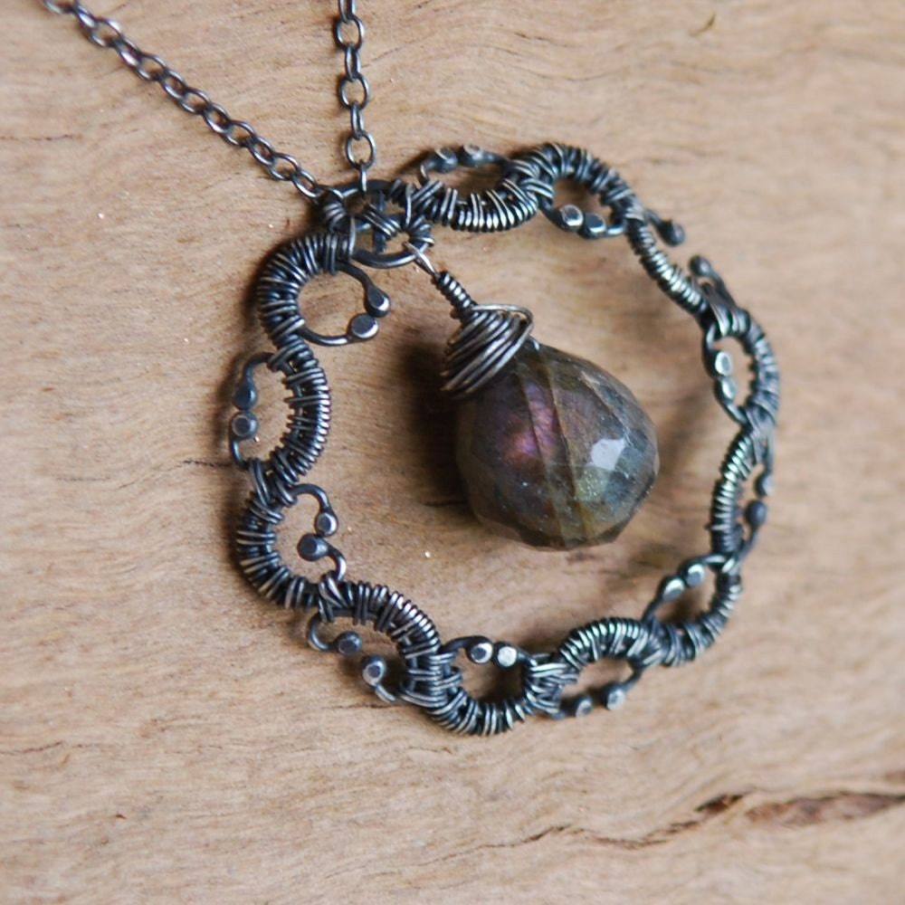 Labradorite and Sterling Silver Necklace, Woven, Wire Wrapped, Artisan