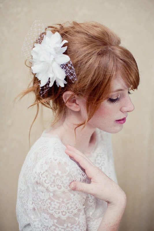 Bridal Fascinator, birdcage veil, bridal headpiece, wedding headpiece, white head piece, Fergie Ships in 1 Month