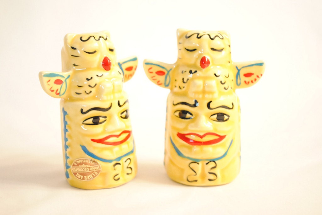 Unique Vintage Owl Tiki Totem Poles Salt and Pepper Set