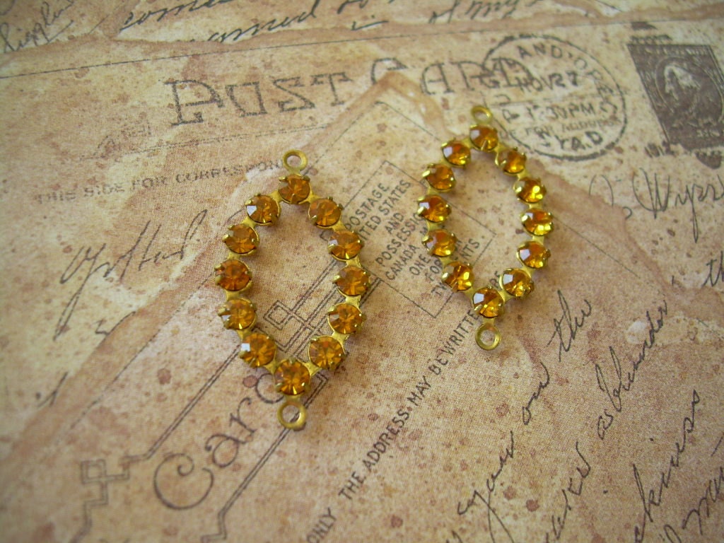 Pair Vintage Swarovski Golden Topaz Rhinestone Connectors 2 Loops Findings
