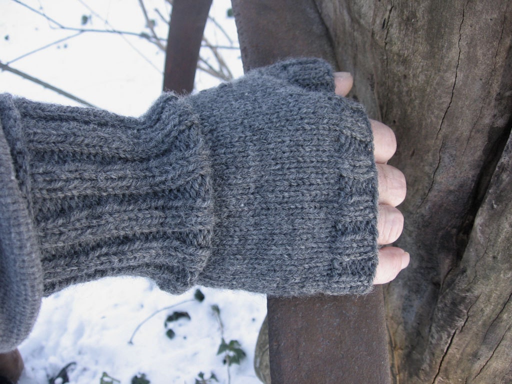 Knit Man Mitts Fingerless Mittens Gloves 100 percent Wool Steel Grey Classic Mens Handmade Cold Weather Accessory Made to Order