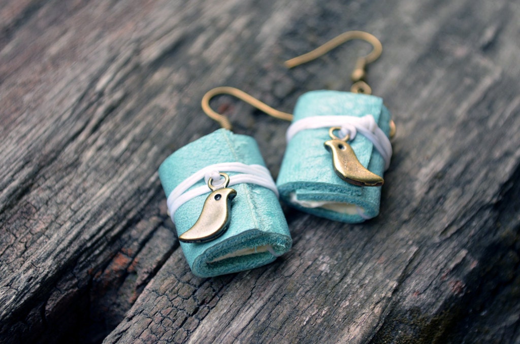 Pair of Birds Miniature book earrings leather