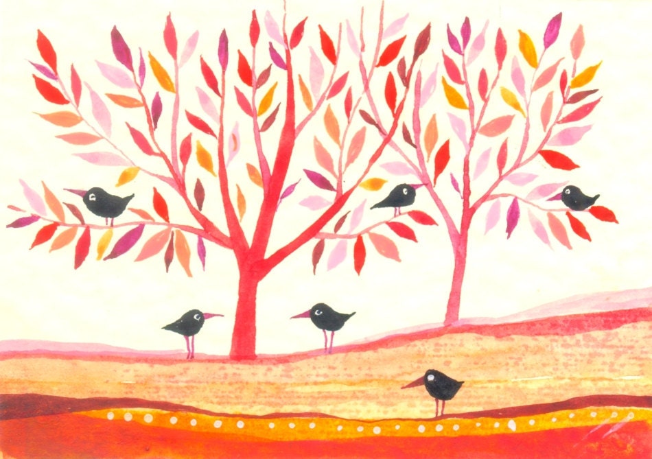 Black Birds - original watercolors - ACEO - Fine Art