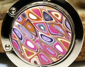 Folding Purse hook, polymer clay covered pink and purple geometric design, klimt inspired, great gift idea