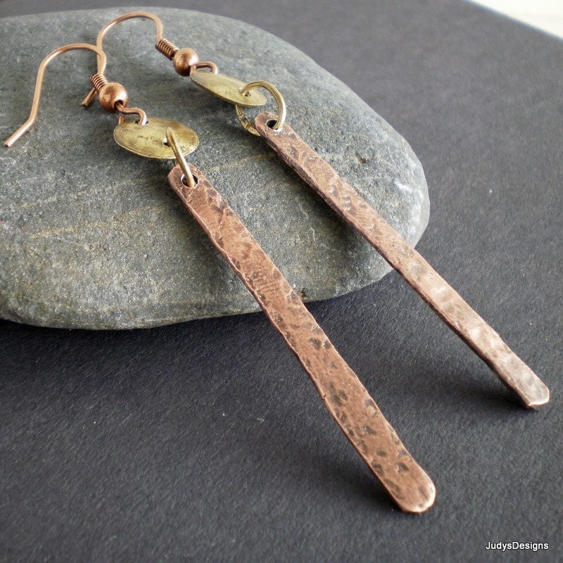 Metalwork hammered earrings, copper, brass, Craftsman inspired
