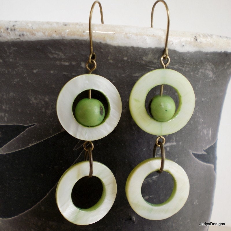 Green organic  acai bead and mother of pearl earrings