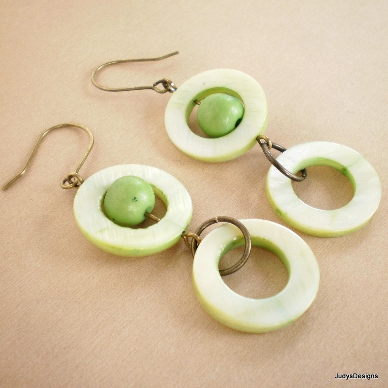 Green organic  acai bead and mother of pearl earrings