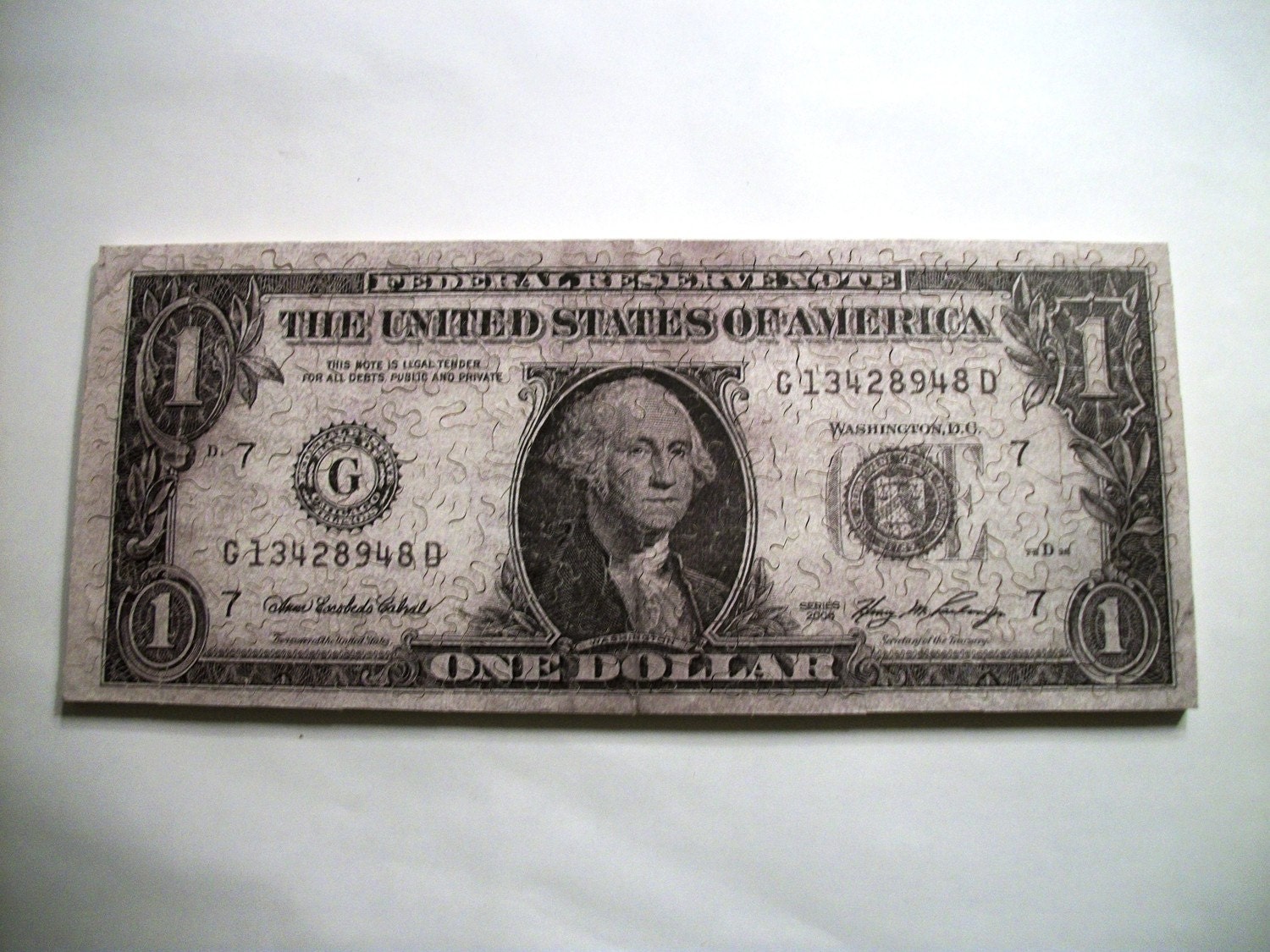 Hand Cut Wooden Jigsaw Puzzle. Dollar bill. Over 100 pieces. Original