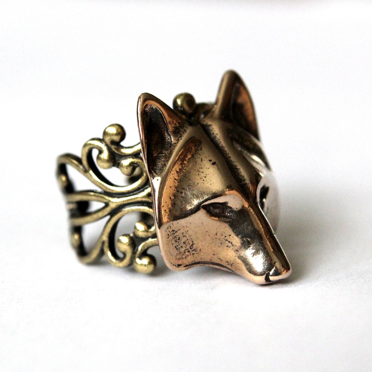 Golden Wolf Mask Ring Adjustable Filigree In Bronze - mrd74