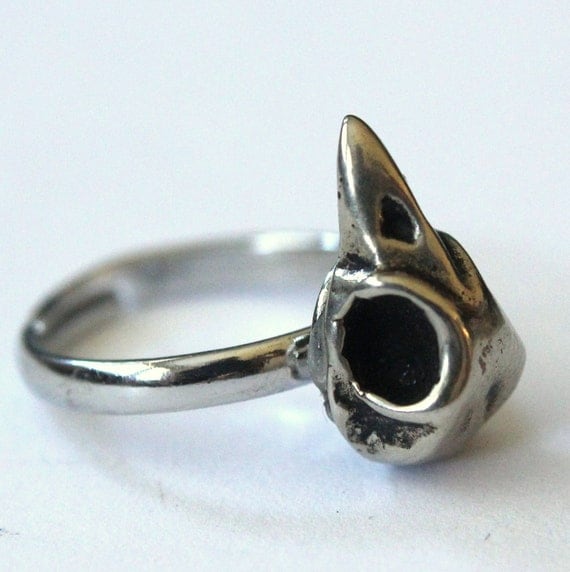 Tiny Bird Skull Adjustable Ring  in White Bronze